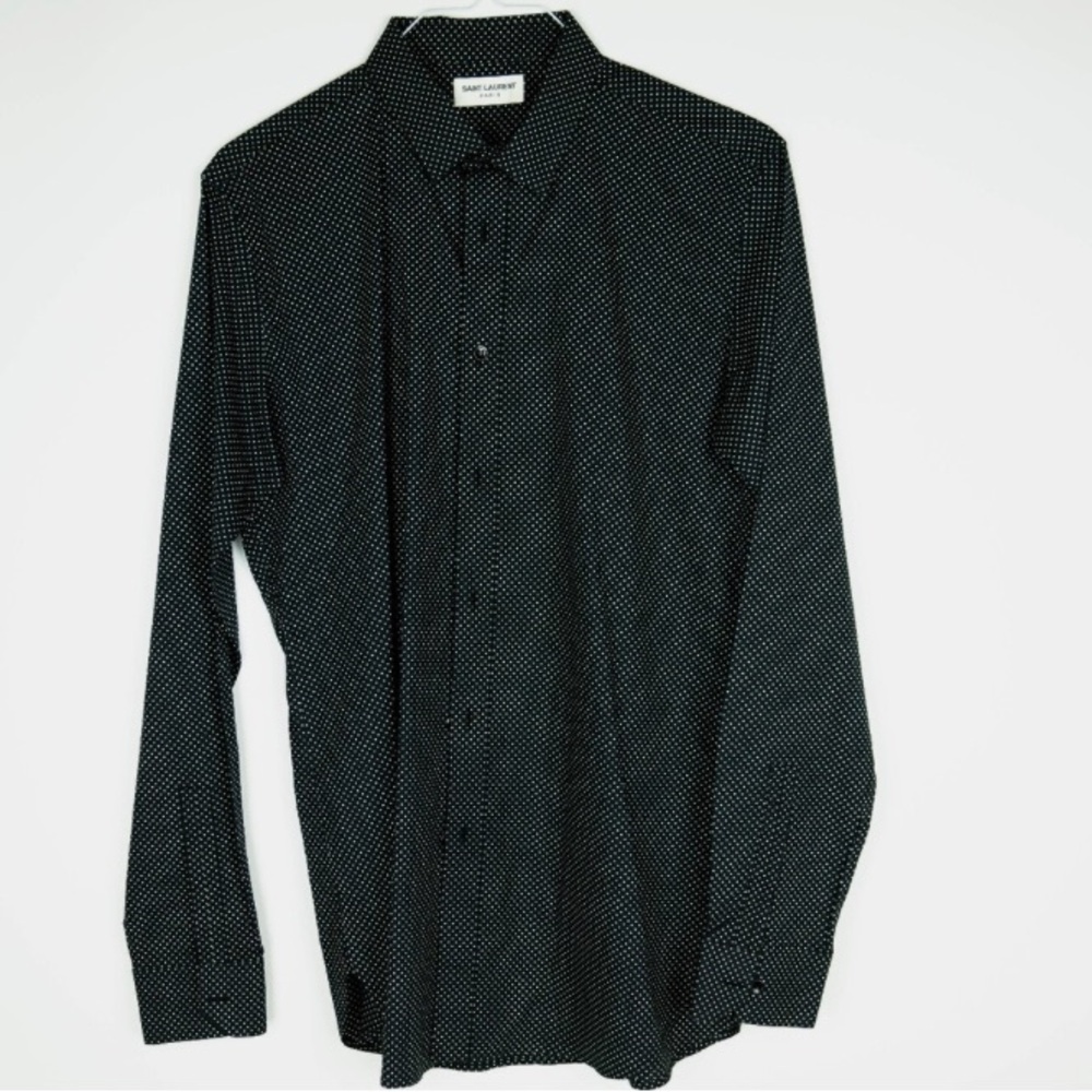 Saint Laurent Paris Micro Polka Dot Button Up Shirt Black Men’s Size Large